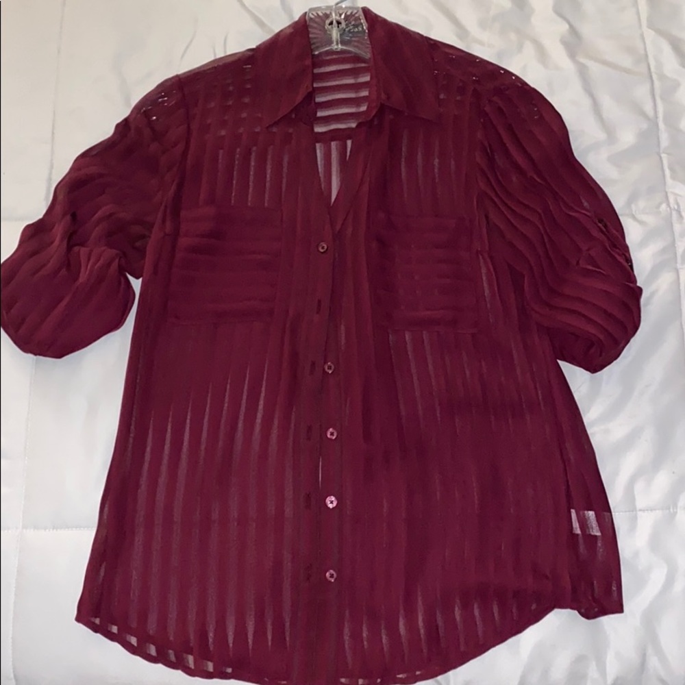 Express Burgundy Sheer Button Up Shirt. Size XS.